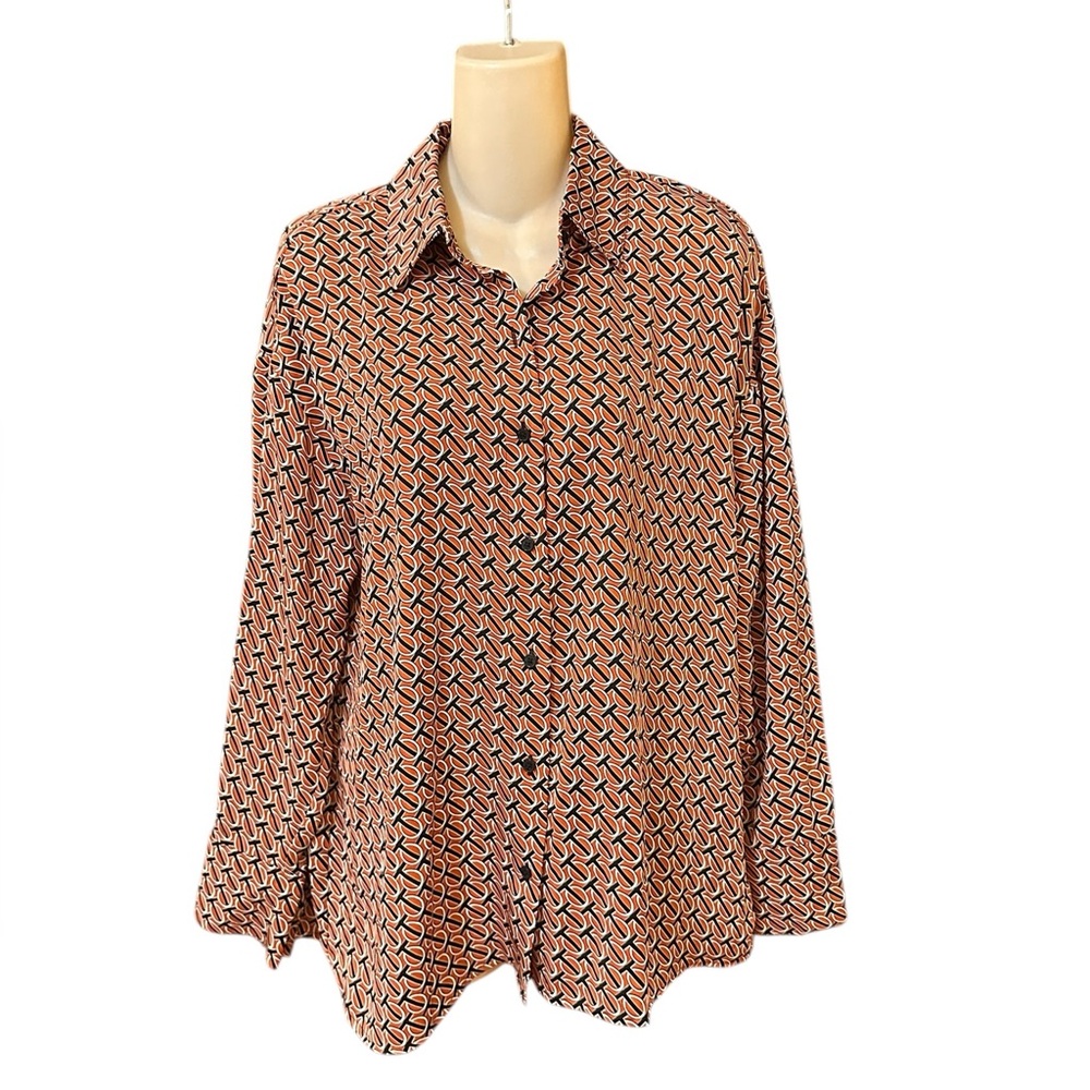Express Rust Orange Black Geometric Print Collared Long Sleeve Button Down Top L